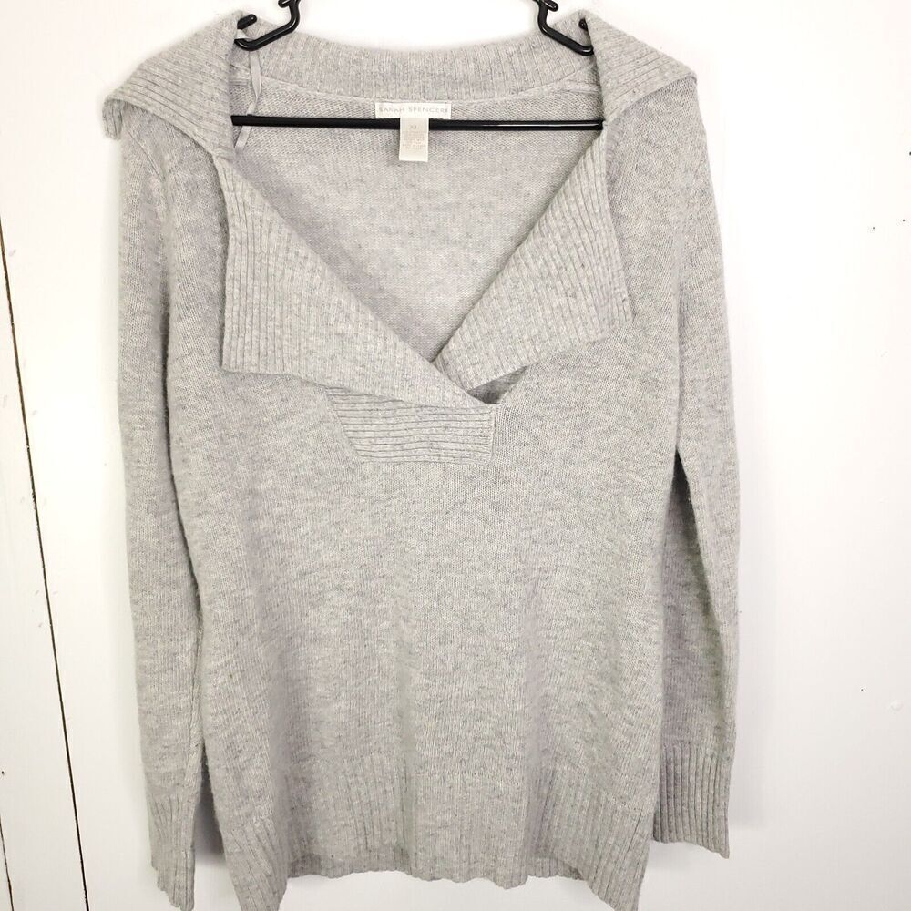 Sarah Spencer Sweater Womens Size XL Soft Polo Collar Split V Neck Light Gray